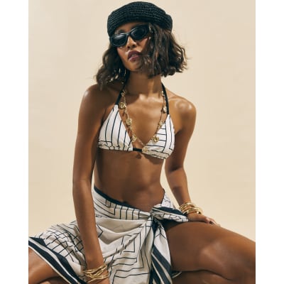 Cream Geometric Stripe Triangle Bikini Top