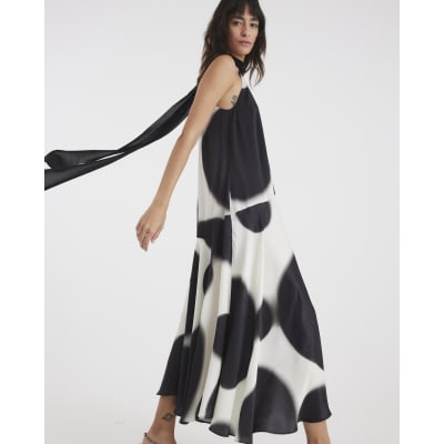 Cream Halter Neck Spot Satin Slip Dress