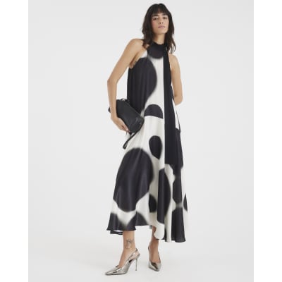 Cream Halter Neck Spot Satin Slip Dress