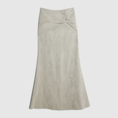 Cream Hammered Faux Leather Midi Skirt