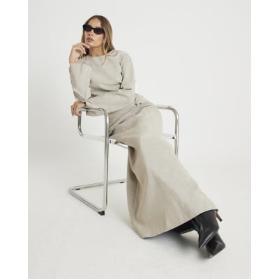 Cream Hammered Faux Leather Midi Skirt