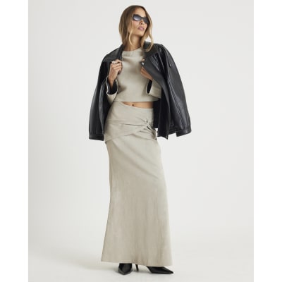 Cream Hammered Faux Leather Midi Skirt