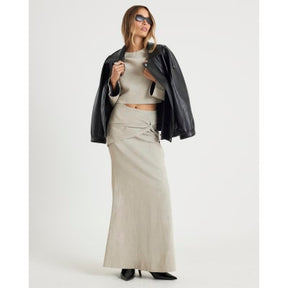 Cream Hammered Faux Leather Midi Skirt