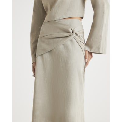 Cream Hammered Faux Leather Midi Skirt