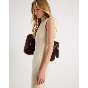 Cream High Neck Ribbed Midi Dress