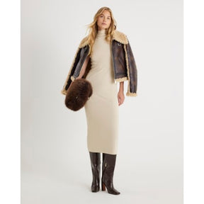 Cream High Neck Ribbed Midi Dress