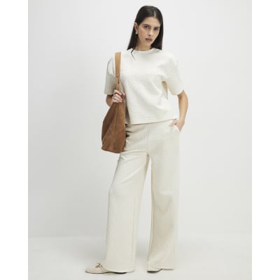 Cream Jacquard Texture Wide Leg Trousers