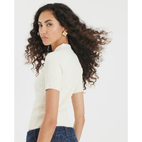 Cream Knit Ribbed Polo Top