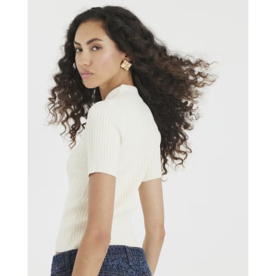 Cream Knit Ribbed Polo Top