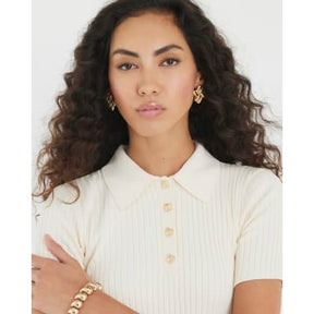 Cream Knit Ribbed Polo Top