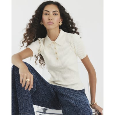 Cream Knit Ribbed Polo Top