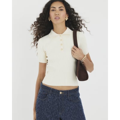 Cream Knit Ribbed Polo Top