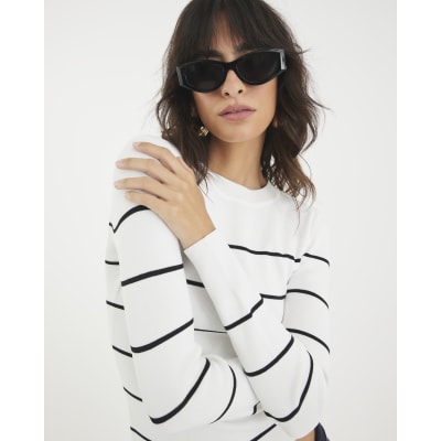 Cream Knit Striped Long sleeve Top