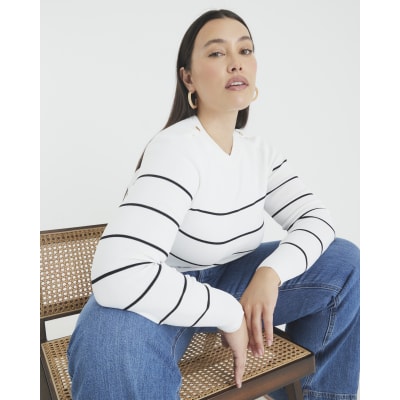 Cream Knit Striped Long sleeve Top