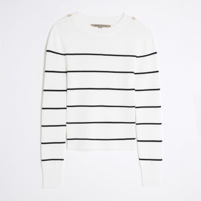 Cream Knit Striped Long sleeve Top