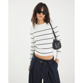 Cream Knit Striped Long sleeve Top