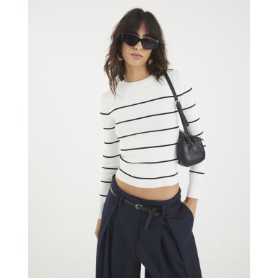 Cream Knit Striped Long sleeve Top