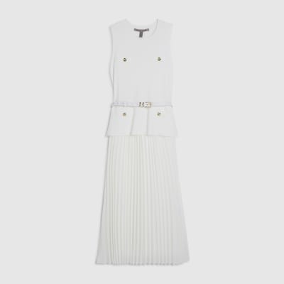 Cream Knitted Belted Pleat Hem Midi Dress
