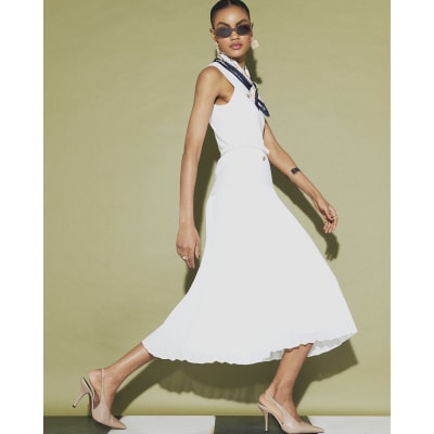 Cream Knitted Belted Pleat Hem Midi Dress