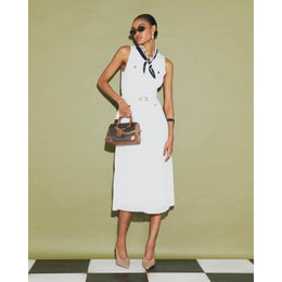 Cream Knitted Belted Pleat Hem Midi Dress