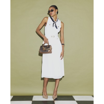 Cream Knitted Belted Pleat Hem Midi Dress