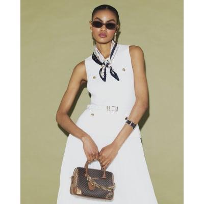 Cream Knitted Belted Pleat Hem Midi Dress