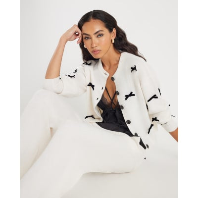 Cream Knitted Bow Detail Loungewear Set