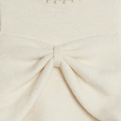 Cream Knitted Cut Out Shoulder Bow Top