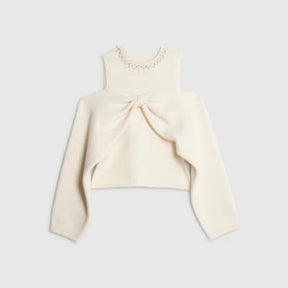 Cream Knitted Cut Out Shoulder Bow Top