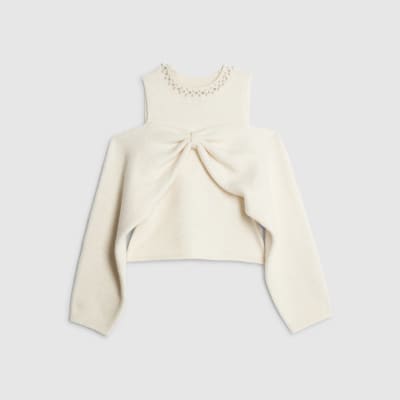 Cream Knitted Cut Out Shoulder Bow Top