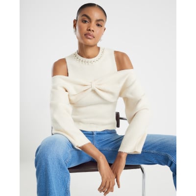 Cream Knitted Cut Out Shoulder Bow Top