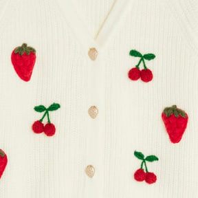 Cream Knitted Embroidered Strawberry Cardigan