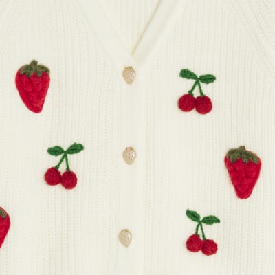 Cream Knitted Embroidered Strawberry Cardigan