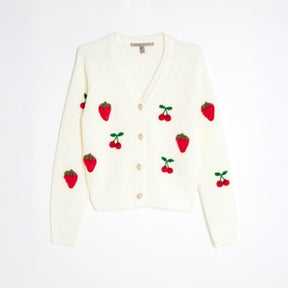 Cream Knitted Embroidered Strawberry Cardigan