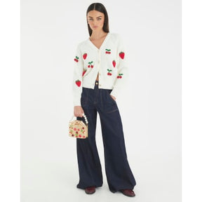 Cream Knitted Embroidered Strawberry Cardigan