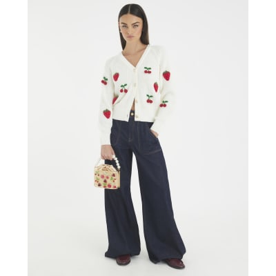 Cream Knitted Embroidered Strawberry Cardigan