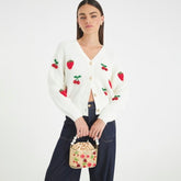 Cream Knitted Embroidered Strawberry Cardigan