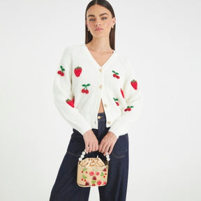 Cream Knitted Embroidered Strawberry Cardigan