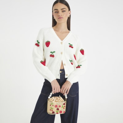 Cream Knitted Embroidered Strawberry Cardigan