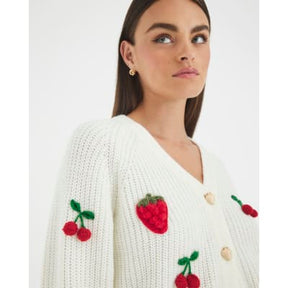 Cream Knitted Embroidered Strawberry Cardigan