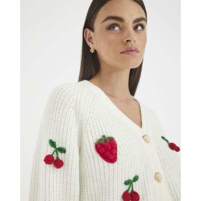 Cream Knitted Embroidered Strawberry Cardigan
