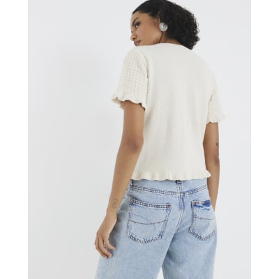 Cream Knitted Frill Short Sleeve Cardigan