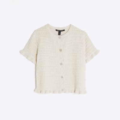 Cream Knitted Frill Short Sleeve Cardigan