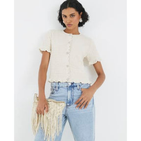 Cream Knitted Frill Short Sleeve Cardigan