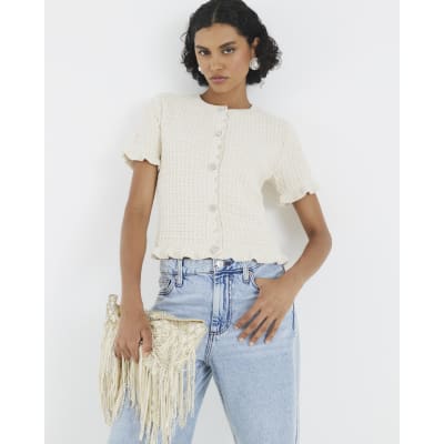 Cream Knitted Frill Short Sleeve Cardigan