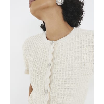 Cream Knitted Frill Short Sleeve Cardigan