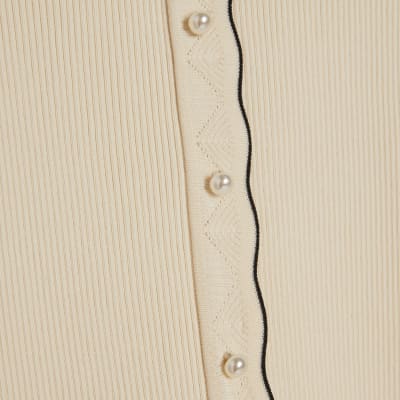 Cream Knitted Frill Trim Ribbed Top