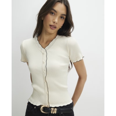 Cream Knitted Frill Trim Ribbed Top