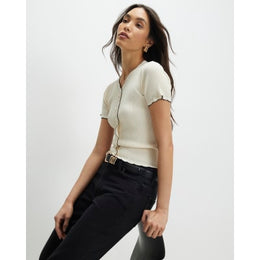 Cream Knitted Frill Trim Ribbed Top