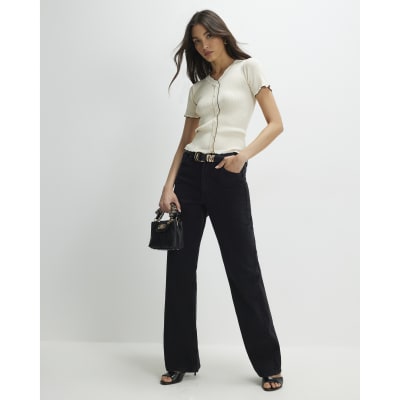 Cream Knitted Frill Trim Ribbed Top